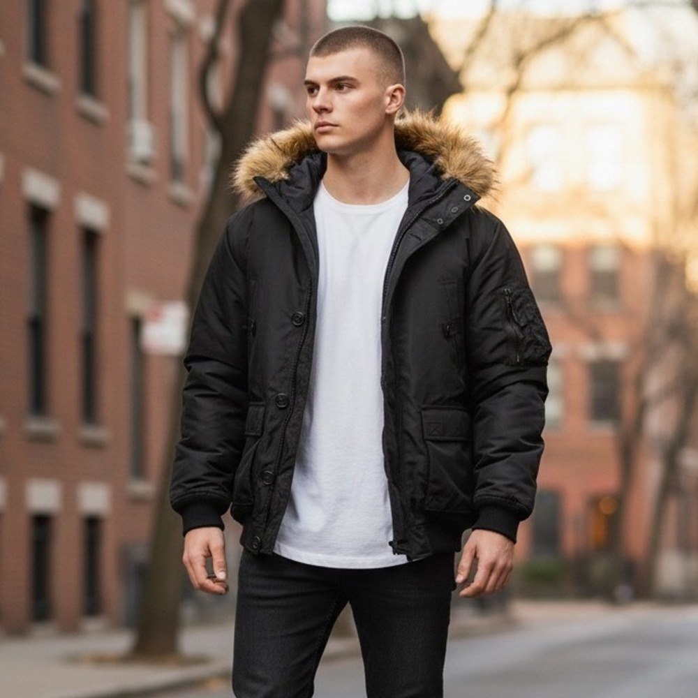 VTG PJ Mark Mens Black Faux Fur‎ Hooded Bomber Parka Jacket Size XL NWOT